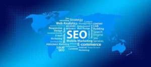 SEO overview on a blue themed background
