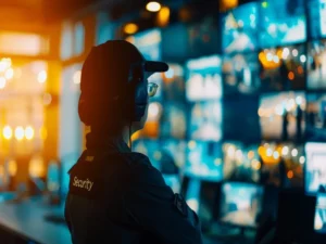 woman guard looking at security cameras